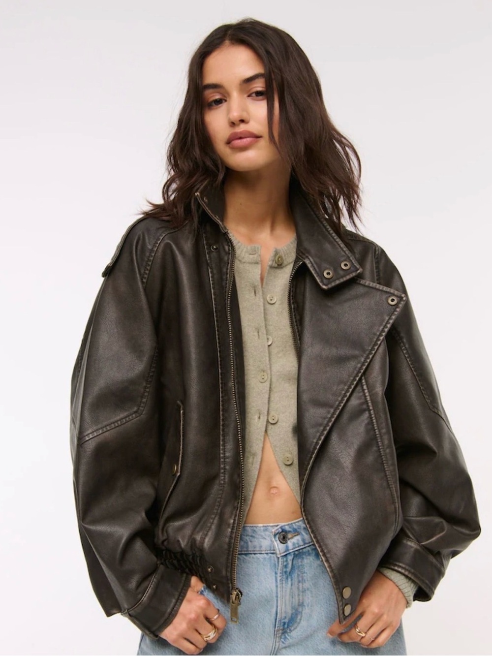 Abercrombie Relaxed Mockneck Vegan Leather Bomber Jacket
